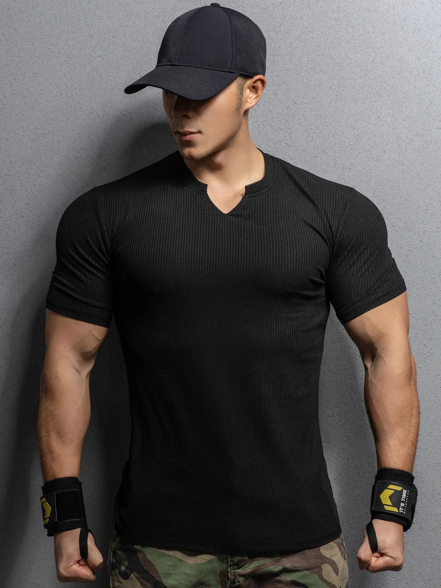 Men’s V-Neck Slim Fit T-Shirt – Summer Striped Gym Tee