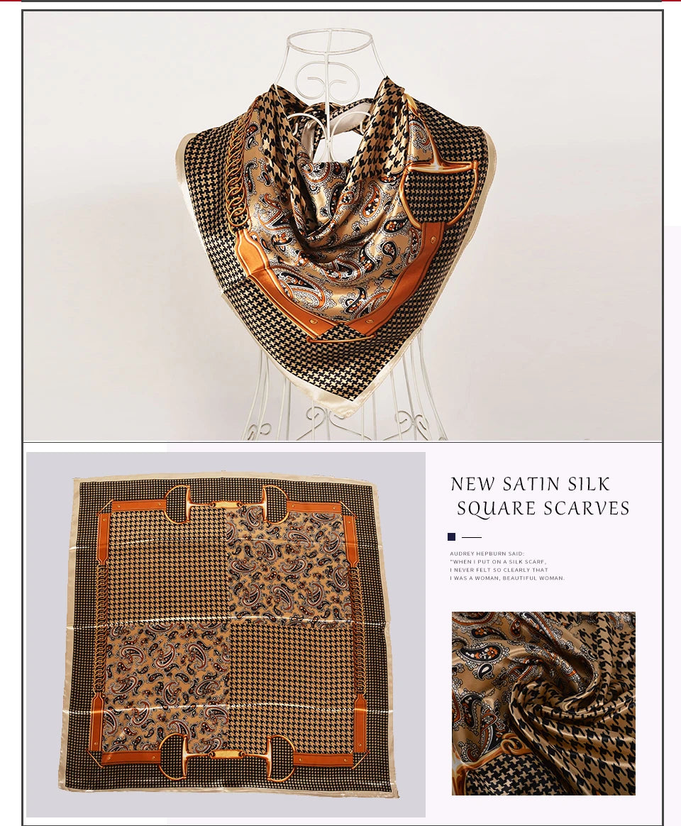 BYSIFA Beige Coffee Peony Silk Scarf Women 90x90cm