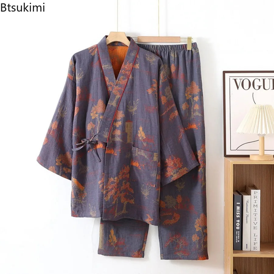 Men’s Cotton Kimono Pajama Robe – Jacquard Print Loungewear