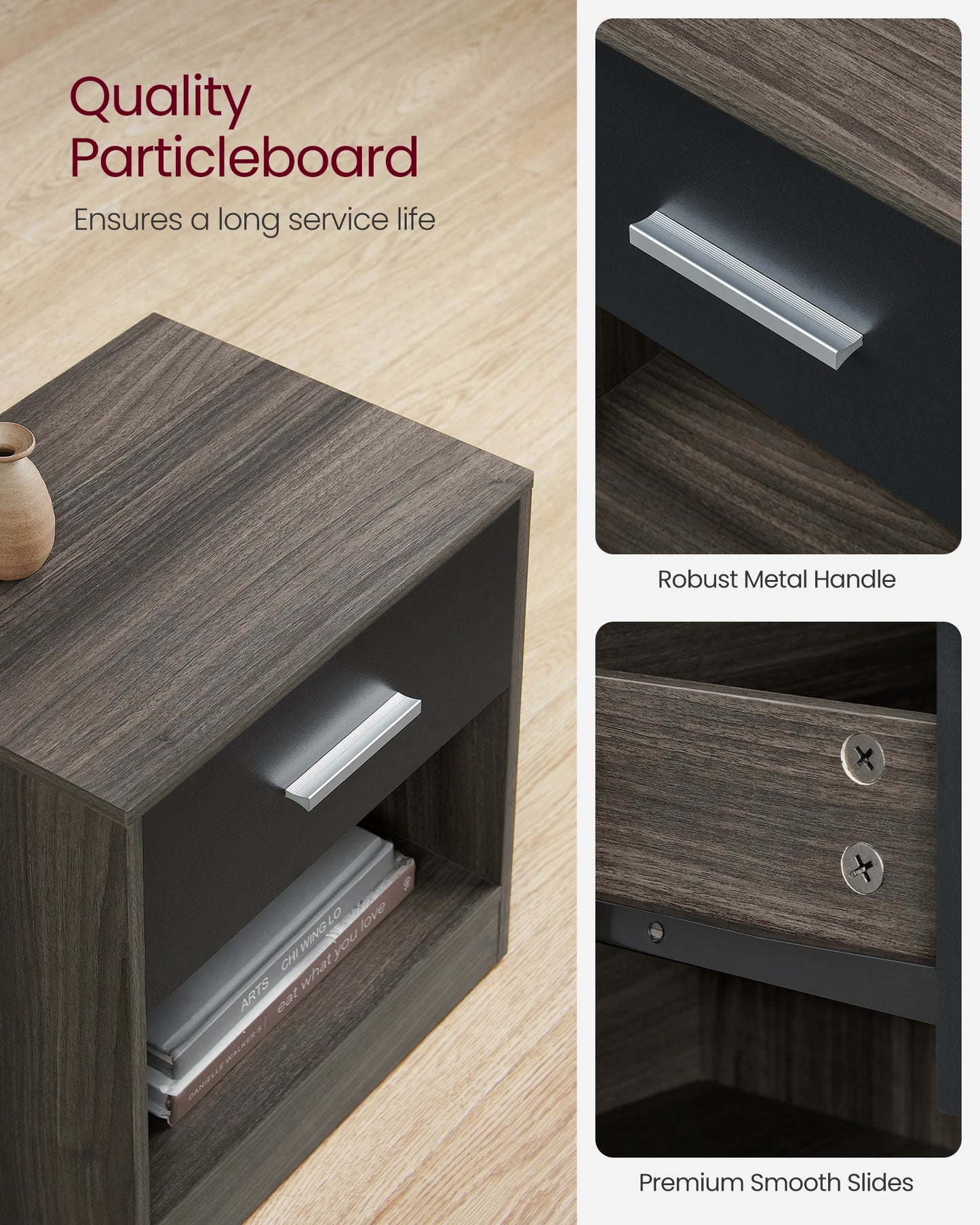 VASAGLE Bedside Table, Side Table with Drawer, Handle, Open Compartment, End Table, for Bedroom, Living Room