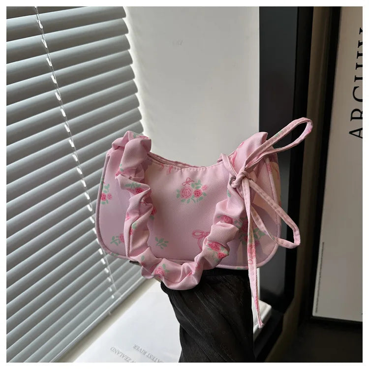 Women's Underarm Bag Summer Canvas Pleated Handlebags Armpit Purse FloralBow Printed Zipper Tote Handbag Female Y2k Shoulder Bag