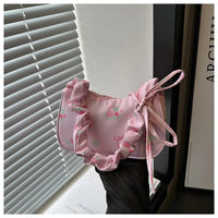 Women's Underarm Bag Summer Canvas Pleated Handlebags Armpit Purse FloralBow Printed Zipper Tote Handbag Female Y2k Shoulder Bag