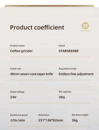 STARSEEKER EDGE Stainless Steel Burr Coffee Grinder 48MM Espresso Stepless Fineness Adjustment Electric Coffee Grinders Black