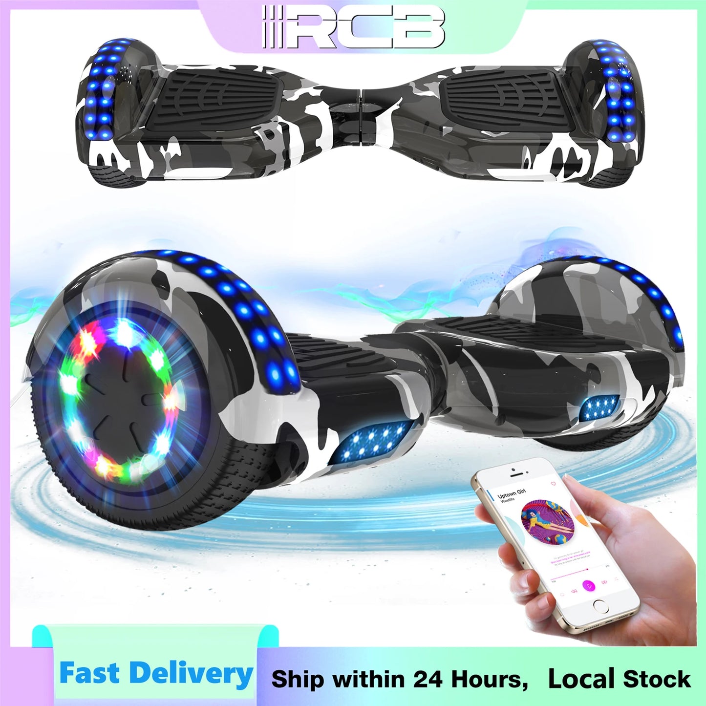 RCB Hoverboard, 6.5 Inch Two Wheel Hoverboard with Bluetooth Speaker with LED Light, Hoverboard Great Gift for Kids and Adults