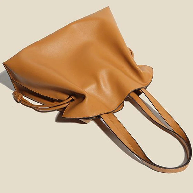 Women’s Cowhide Leather Lucky Bag – Pleated Drawstring Tote