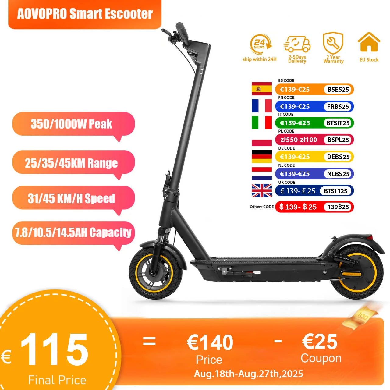 AOVOPRO Smart APP Electric Scooter – 350W/500W Motor