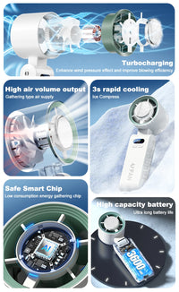 Portable Handheld Turbo Fan Foldable Hanging Neck Fan Mini Hand Fan 3600mAh USB Rechargeable High Speed Ice Cooling Turbo Fan