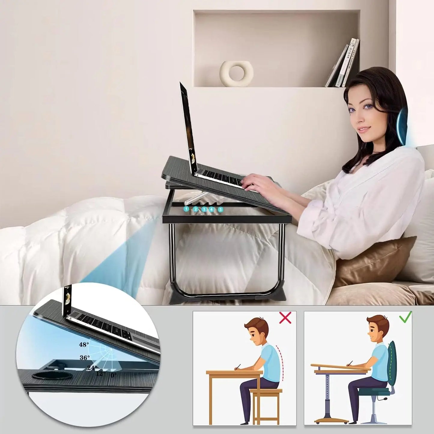 Work/Study in Bed Comfortably  Adjustable & Foldable Lap Desk with Cup Holder, Ventilated Design Prevents Overheating.