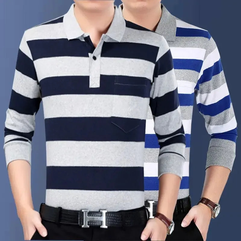 Men’s Striped Polo Shirt – Long Sleeve Cotton Casual