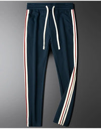 Men’s Slim-Fit Blue Casual Pants with Contrast Ribbon