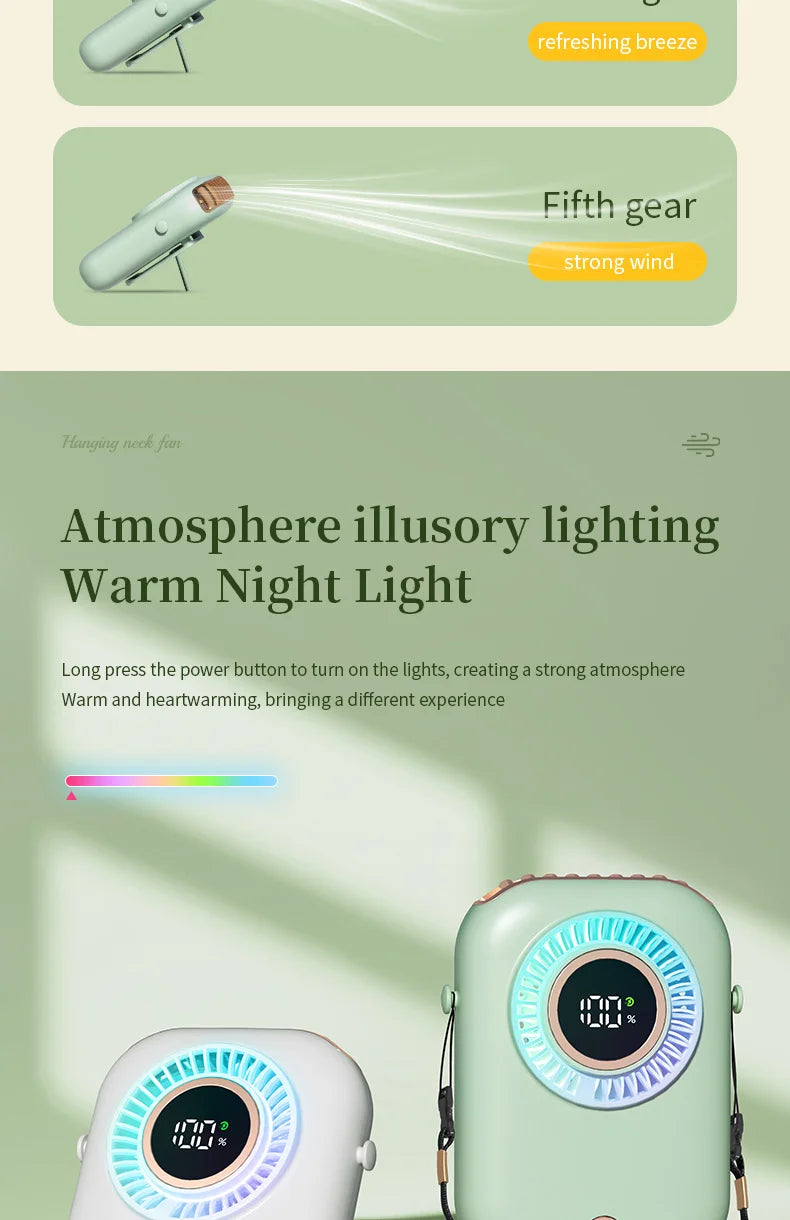 Portable Hanging Neck Fan with LED & 5 Speeds
