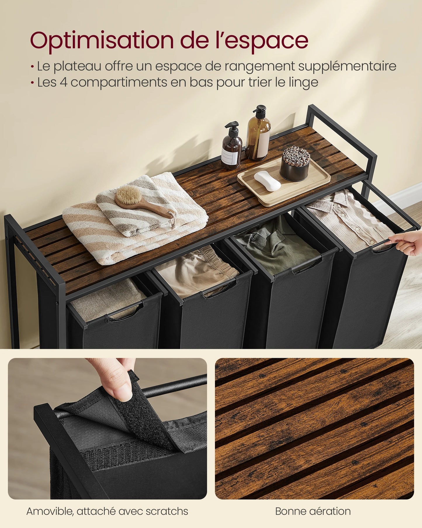 VASAGLE Laundry Basket, 4-Compartment Laundry Hamper, Pull-Out and Removable Laundry Bags, Laundry Sorter, Shelf, Metal Frame