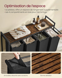 VASAGLE Laundry Basket, 4-Compartment Laundry Hamper, Pull-Out and Removable Laundry Bags, Laundry Sorter, Shelf, Metal Frame