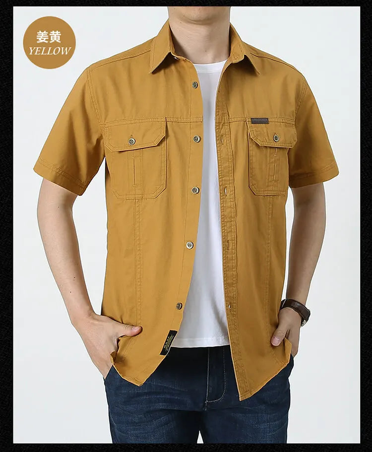 Men Cargo Shirt Short Sleeve Casual Cotton Work Shirt
