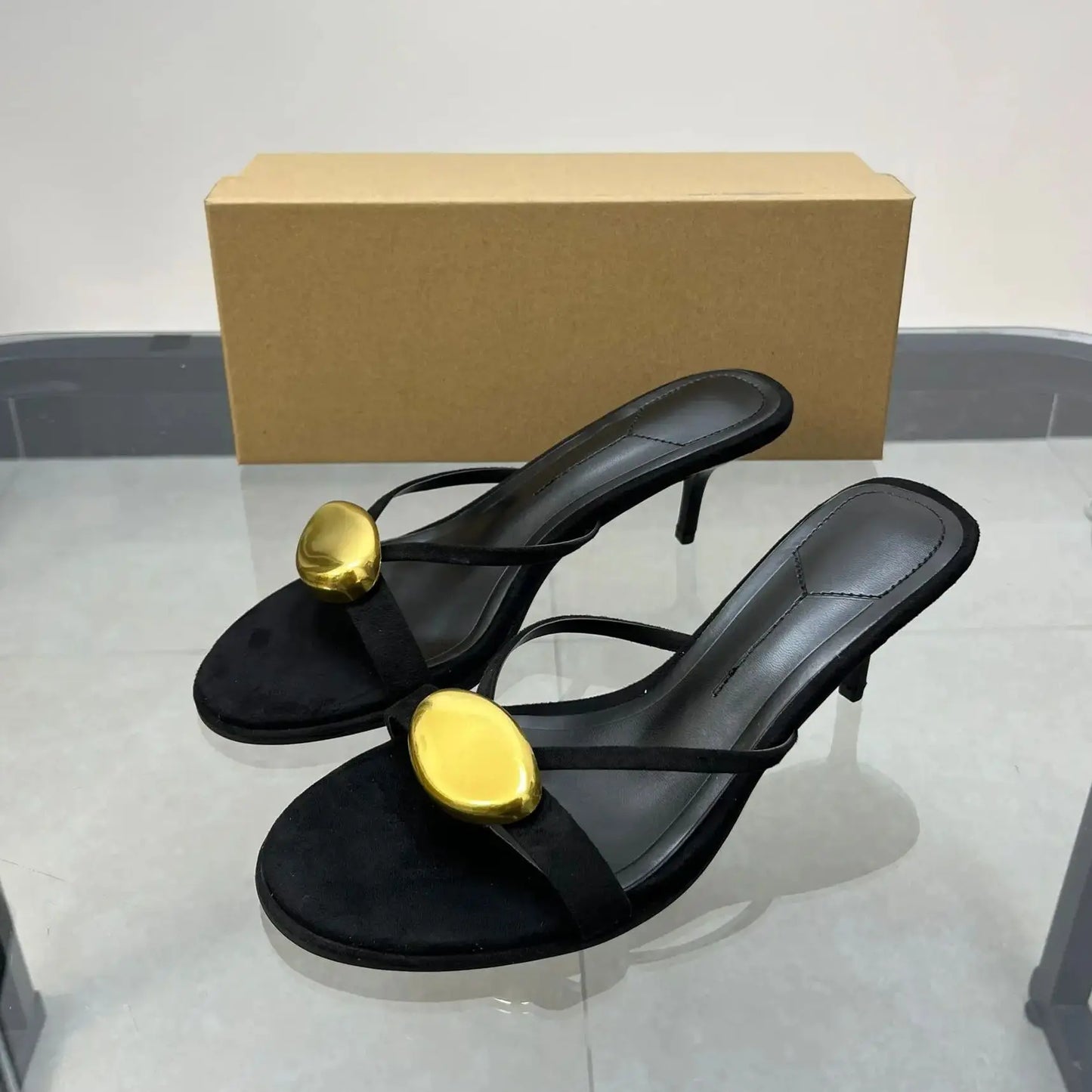 Woman Shoes Round Toe Open Toed High-Heeled Slippers With Metal Buckles Wearing Outside Thin Heel Women's Sandals Summer 2025