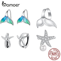 Bamoer 925 Silver Mermaid & Starfish Ocean Hoop Earrings