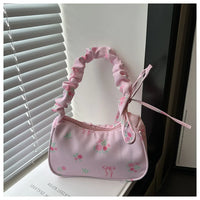 Women's Underarm Bag Summer Canvas Pleated Handlebags Armpit Purse FloralBow Printed Zipper Tote Handbag Female Y2k Shoulder Bag