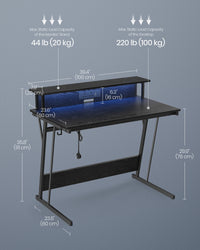 VASAGLE Gaming Desk with LED Lights and Built-In Power Outlets, Computer Desk with Monitor Shelf, Gaming Table, 100x61x91cm