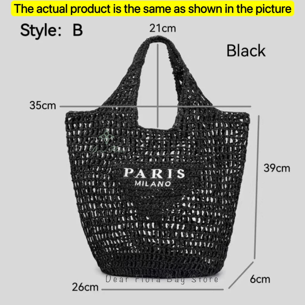 Women's Summer Beach Straw Style Tote Bag Handwoven Large Capacity Luxury Designer Travel Handbags Casual Portable Shoulder Bags