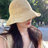 Rainbow woven women's sunscreen hat summer Japanese straw hat  protective fashion, breathable hollow beach sun hat