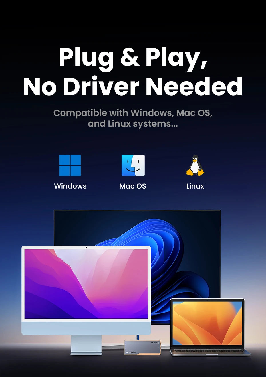 UGREEN 40Gbps NVMe SSD Case SSD Enclosure M.2 to USB4.0 Adapter for M.2 NVME PCIE Built-in Cooling Vest Aluminum Case