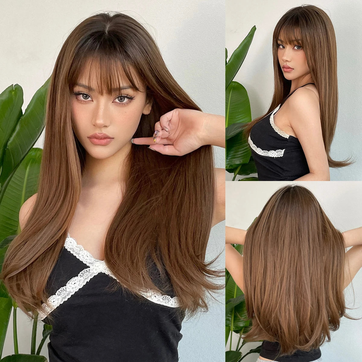Reddish Brown Straight Layered Synthetic wig with Bangs Long hair Copper Ginger Wig for Women Daily Use Heat Resistant Wigs