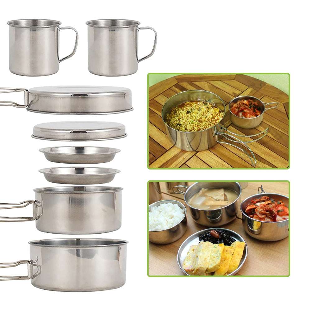 8PCS Camping Cookware Mess Kit Stainless Steel Pots