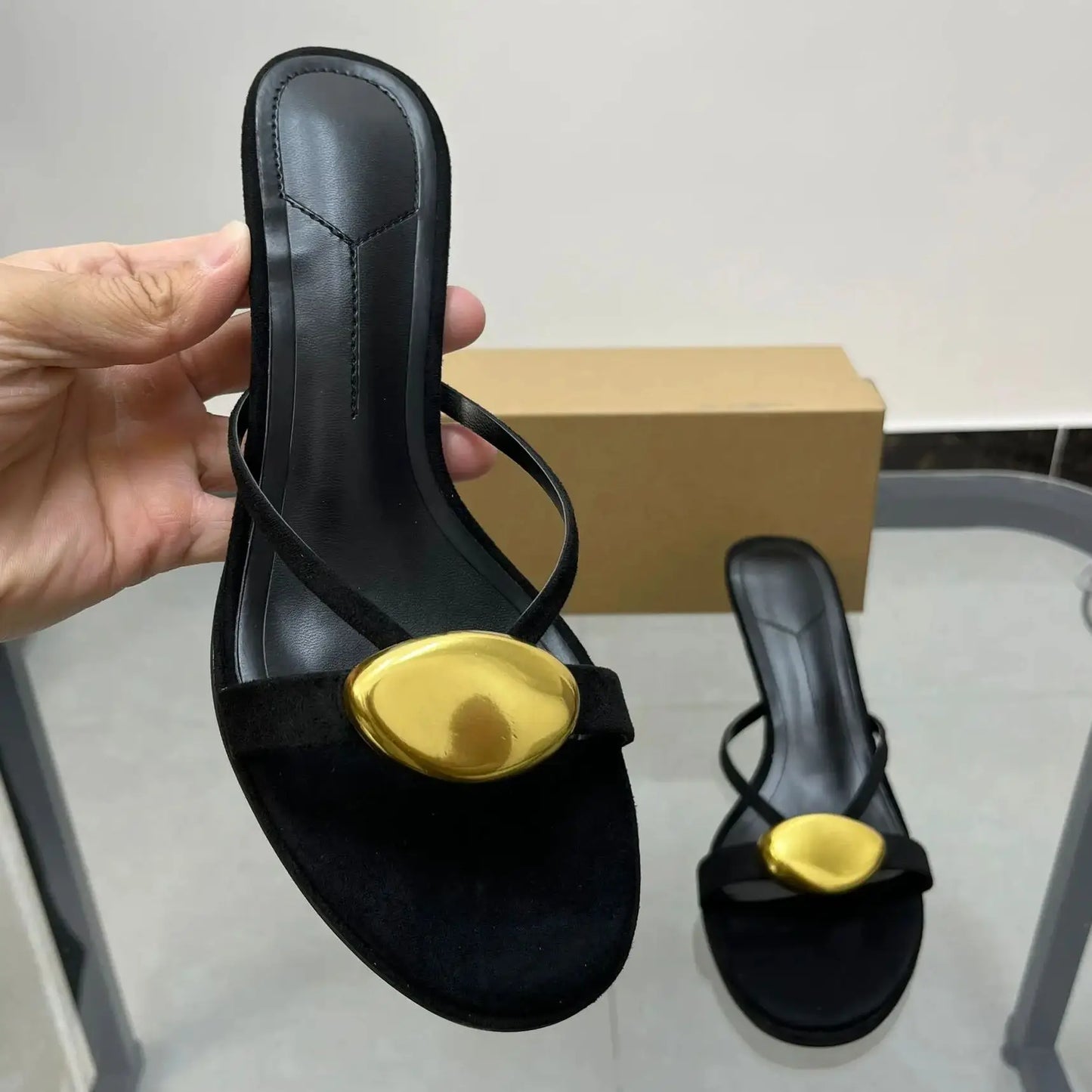 Woman Shoes Round Toe Open Toed High-Heeled Slippers With Metal Buckles Wearing Outside Thin Heel Women's Sandals Summer 2025