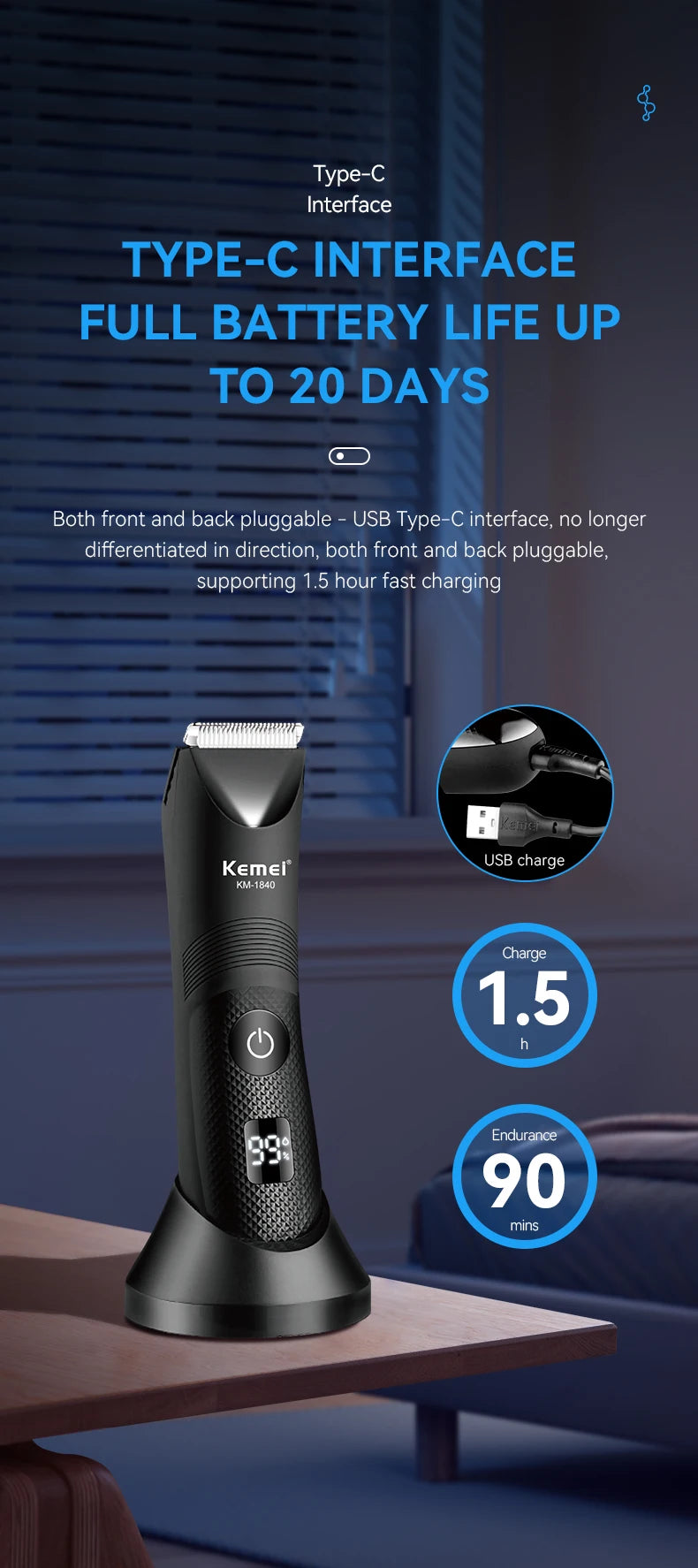 Waterproof Male Body Hair Trimmer with Ceramic Blade