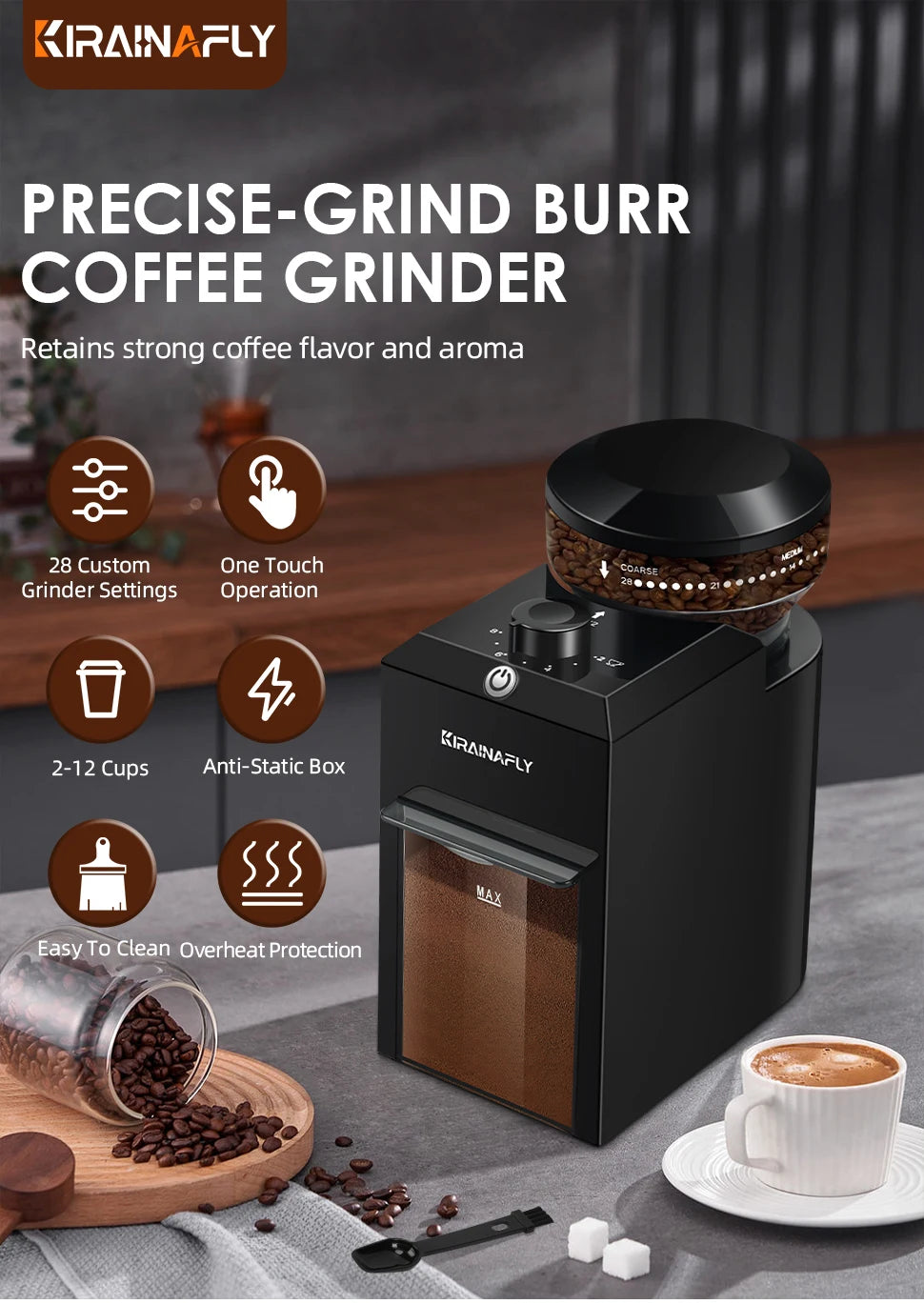 Electric Burr Coffee Grinder – 28 Settings, 2–12 Cups