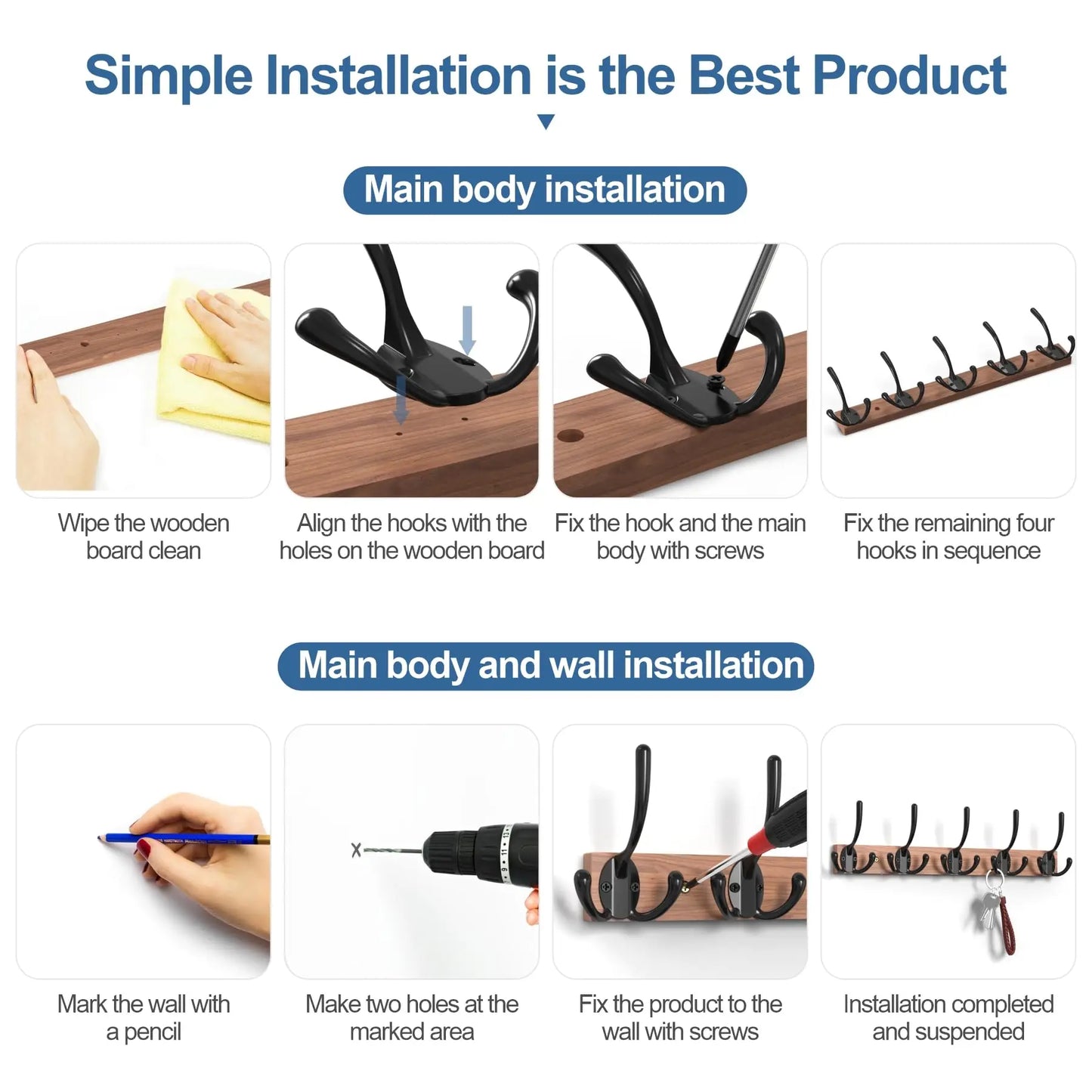 Wooden Coat Rack Wall Mount with 5 Hooks Home Decor Entryway Wall Hooks Coat Hanger for Hanging Towel Clothes Hat Key Holder