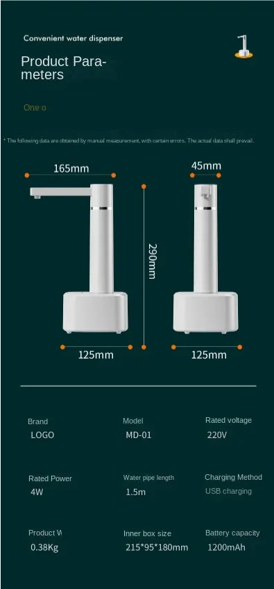 Smart Automatic Water Dispenser 3-gear USB Electric Water Pump With Stand Smart Water Bottle Pump Dispenser For Home Kitchen