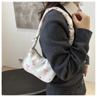 Women's Underarm Bag Summer Canvas Pleated Handlebags Armpit Purse FloralBow Printed Zipper Tote Handbag Female Y2k Shoulder Bag
