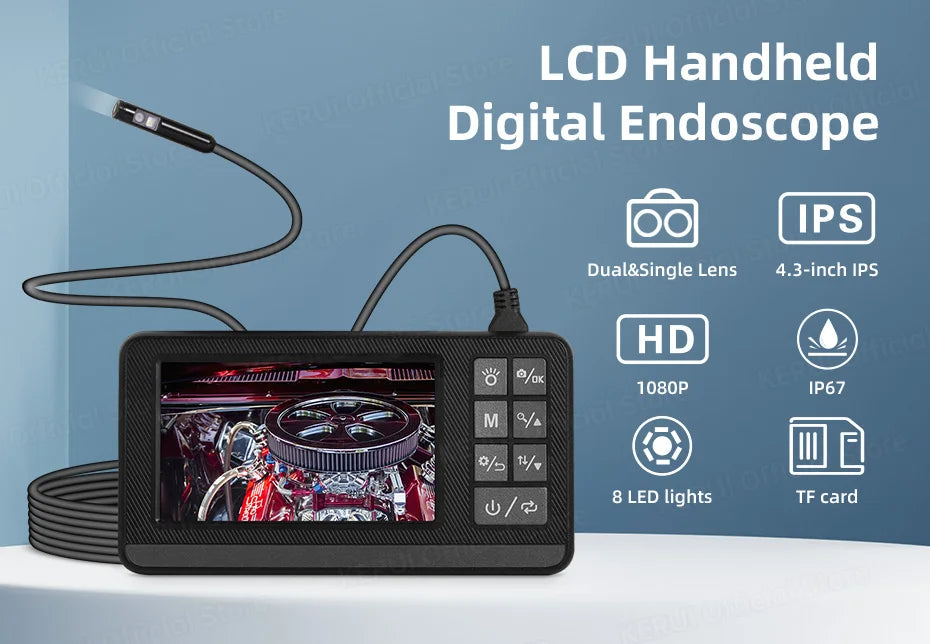 Dual Lens Industrial Endoscope Camera with Screen IP67