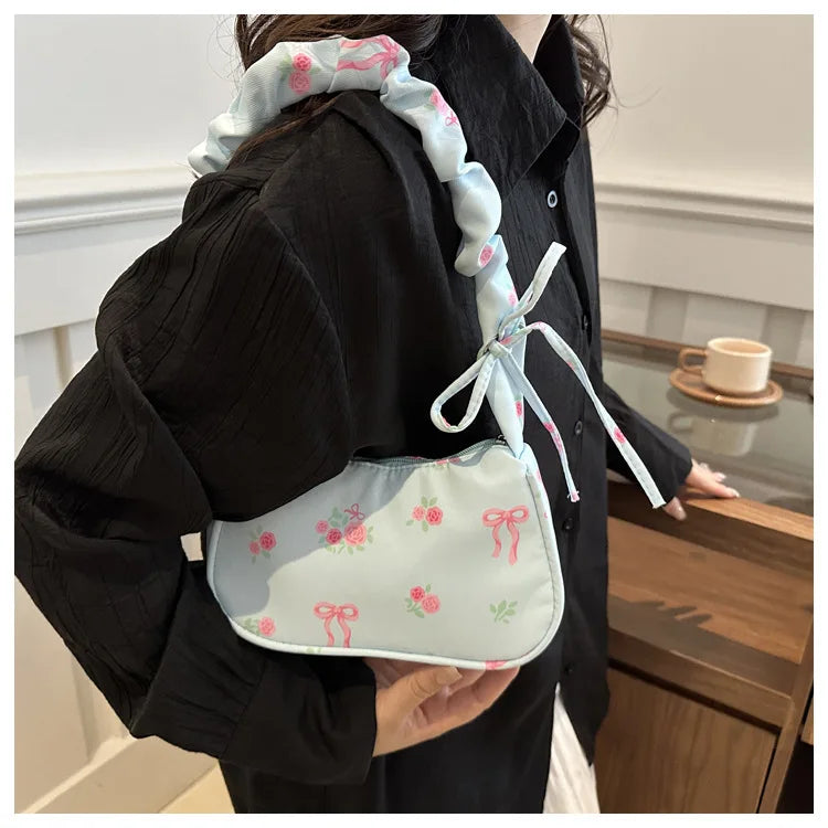 Women's Underarm Bag Summer Canvas Pleated Handlebags Armpit Purse FloralBow Printed Zipper Tote Handbag Female Y2k Shoulder Bag