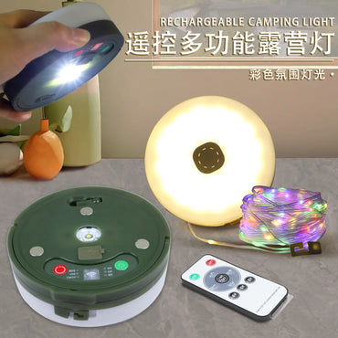 Solar powered outdoor camping tents, ambient lights, lighting fixtures, measuring tape, storage camping light strings