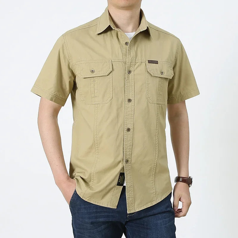 Men Cargo Shirt Short Sleeve Casual Cotton Work Shirt