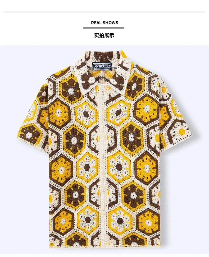 Men’s Ethnic Style Hand-Crocheted Polo Shirt