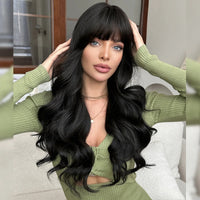 Long Curly Wig with Bangs – Brown Synthetic Fiber Hair