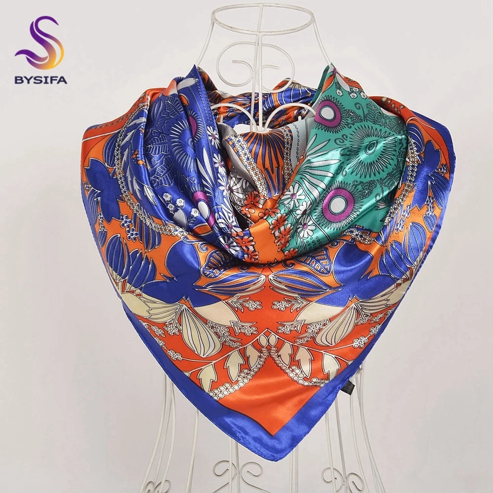 BYSIFA Beige Coffee Peony Silk Scarf Women 90x90cm