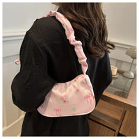 Women's Underarm Bag Summer Canvas Pleated Handlebags Armpit Purse FloralBow Printed Zipper Tote Handbag Female Y2k Shoulder Bag