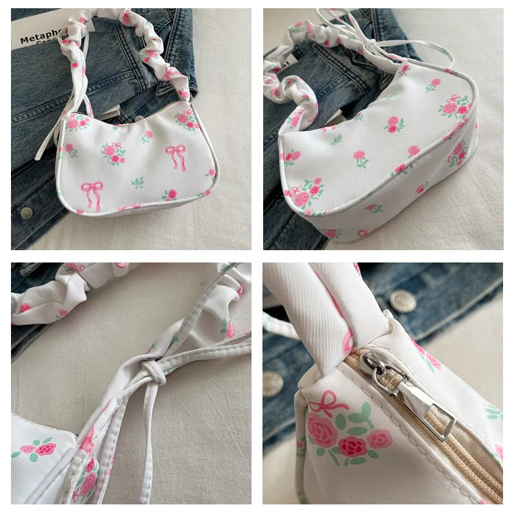 Women's Underarm Bag Summer Canvas Pleated Handlebags Armpit Purse FloralBow Printed Zipper Tote Handbag Female Y2k Shoulder Bag