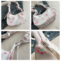 Women's Underarm Bag Summer Canvas Pleated Handlebags Armpit Purse FloralBow Printed Zipper Tote Handbag Female Y2k Shoulder Bag