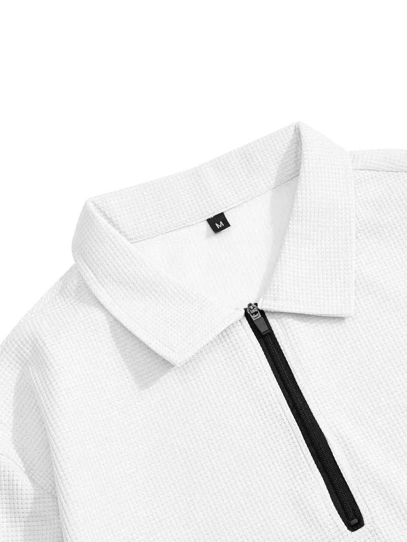 Spring and Autumn Men's Clothing  Waffle Fabric Men's Suit Fashion Casual Zipper and Lapel Long Sleeve POLO Shirt Trousers Suit