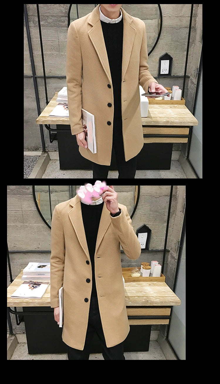 Men’s Woolen Long Coat – Slim Fit Korean Vintage Overcoat