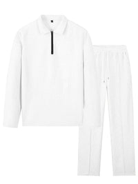 Spring and Autumn Men's Clothing  Waffle Fabric Men's Suit Fashion Casual Zipper and Lapel Long Sleeve POLO Shirt Trousers Suit
