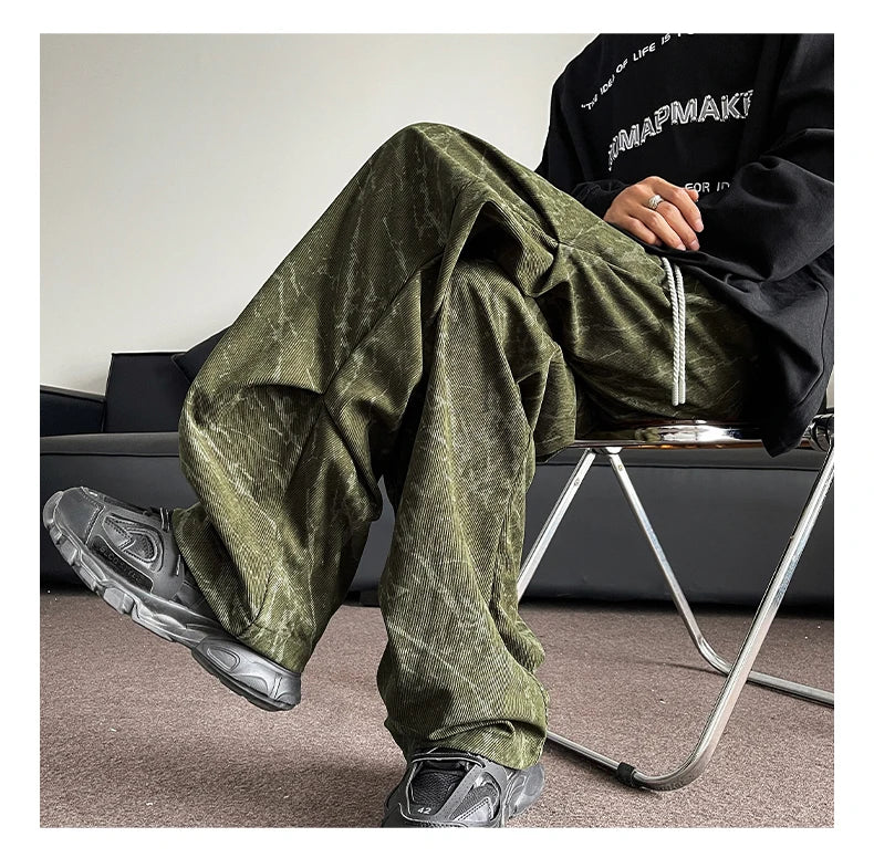 Men’s Corduroy Tie-Dye Cargo Pants Loose Autumn Trousers