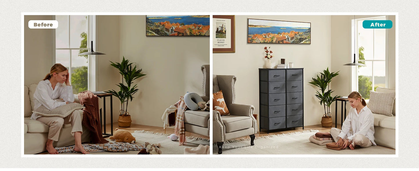 Bedside Table with 10 Fabric Drawers & Steel Frame