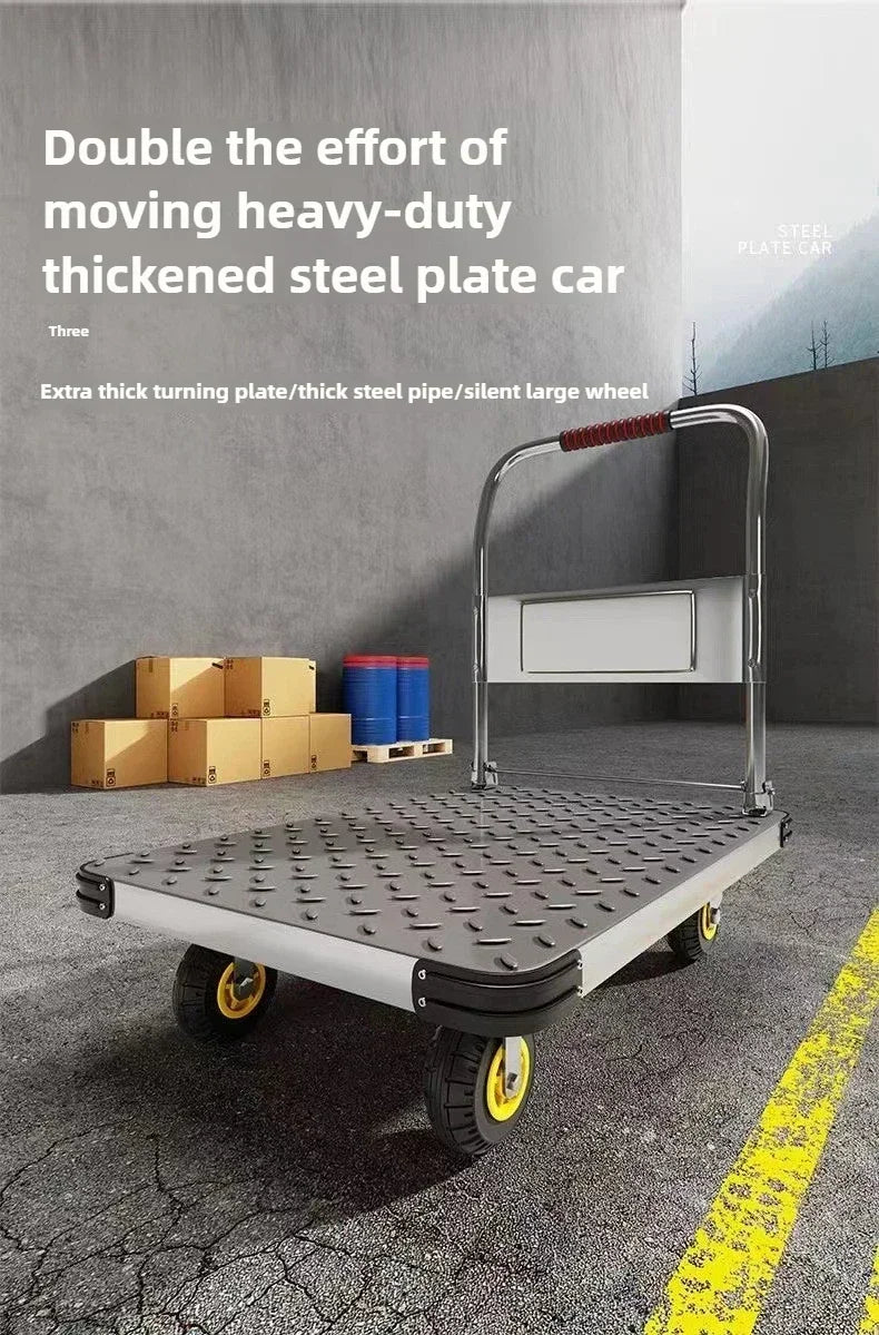 Steel plate trolley, four-wheel  truck, express pulling flatbed cart, small cart folding trailer, pushing and pulling trolley