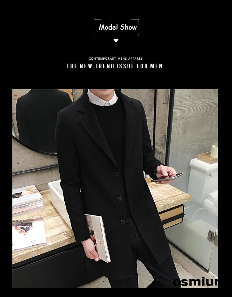 Men’s Woolen Long Coat – Slim Fit Korean Vintage Overcoat